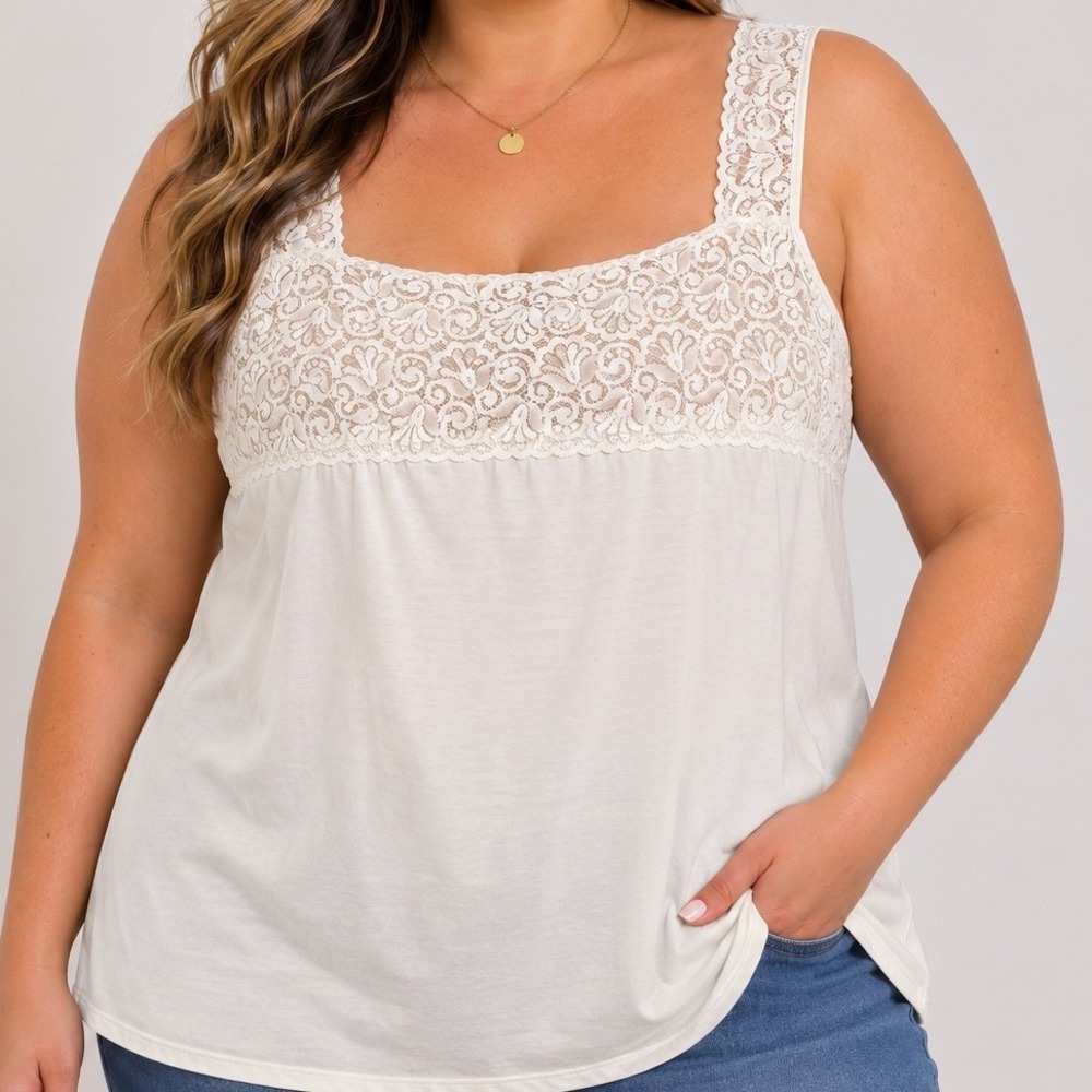 Cato Women's 22/24W Lace Trim Tank Top Ivory Nylon Blend Stretch Plus Size